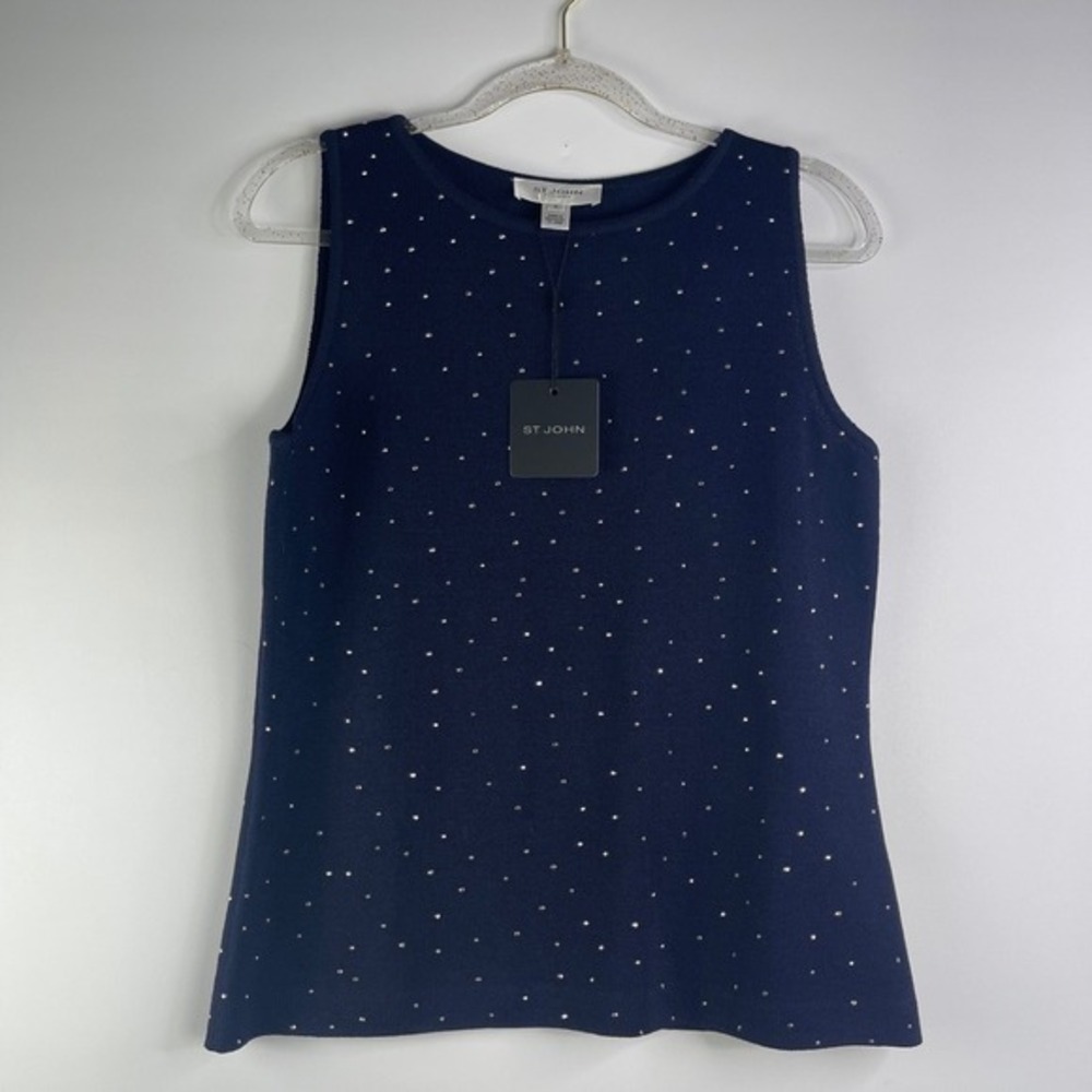 St. John Wool Blend Knit Shell Navy Silver Rhinestone Evening Top Quiet Luxury M - Picture 11 of 11